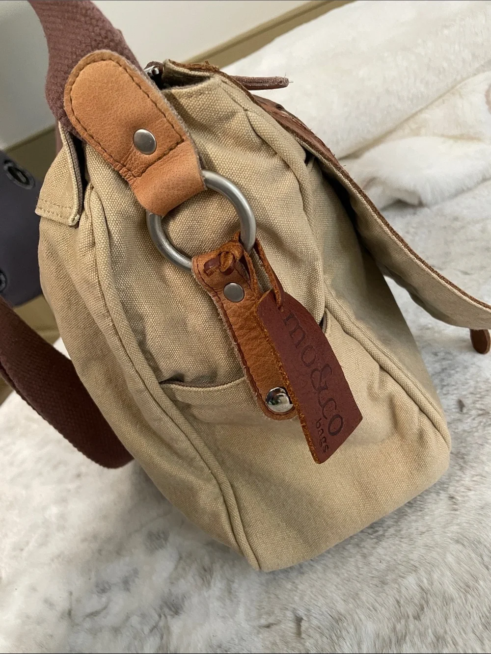 Mo&Co Canvas and Brown Leather Woven Messenger Bag -